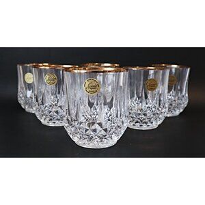 6 Cristal D' Arques Glasses Longchamp Lowball Rocks Glasses Diamond Cut Gold Rim